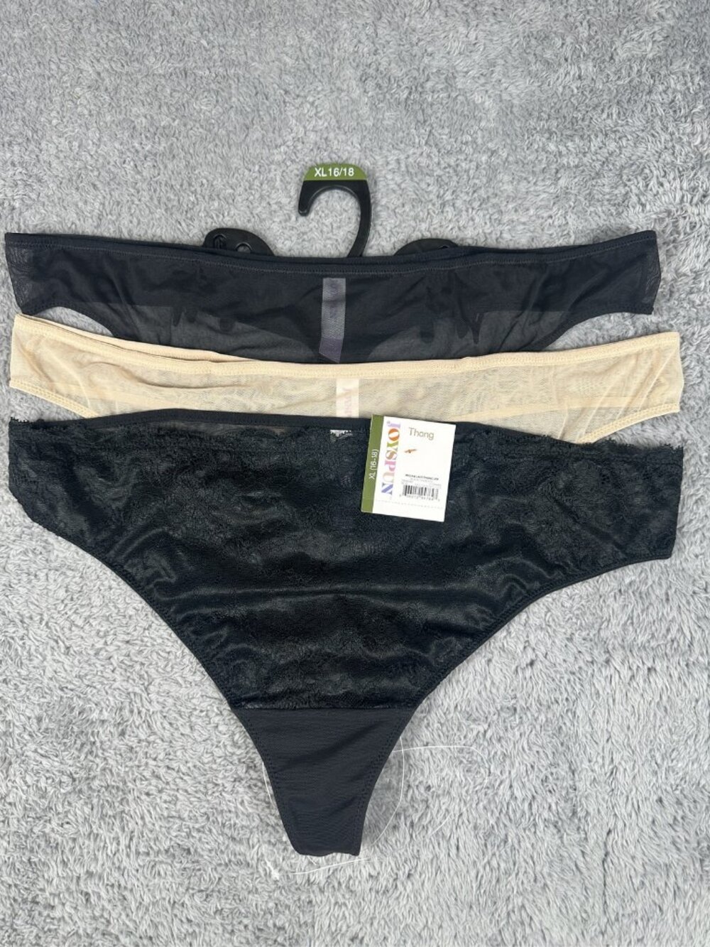Joyspun Women's Thong Panties 3 Pack Mesh & Lace Size XL 16/18 Black Tan